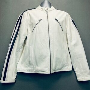 Street Legal Mens White Genuine Leather Motorcycle Jacket Black Stripes Size M
